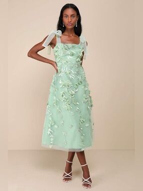 New Lulus Sz MD Effortlessly Sweet Sage Tulle 3D Floral Tie-Strap Midi Dress